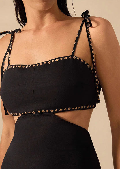 Black Backless Print Cotton Spaghetti Strap Dress Summer
