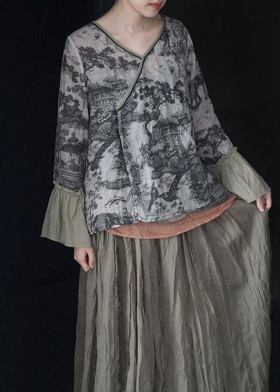 Grey V Neck Print Linen Shirt Tops Spring