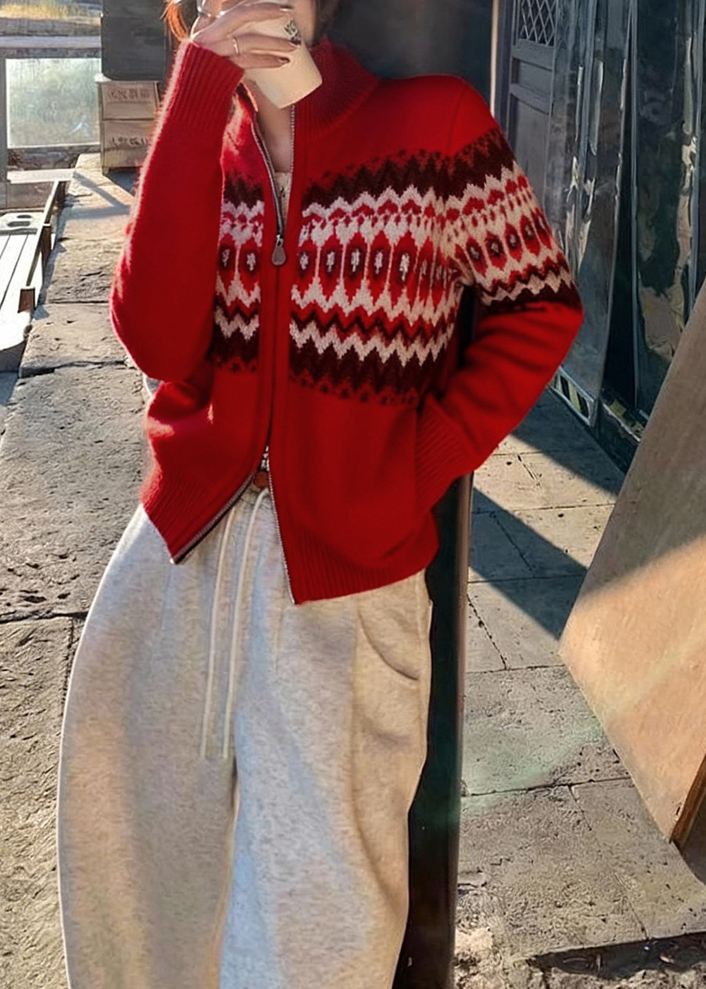 Red Zip Up Print Knit Cardigans Spring