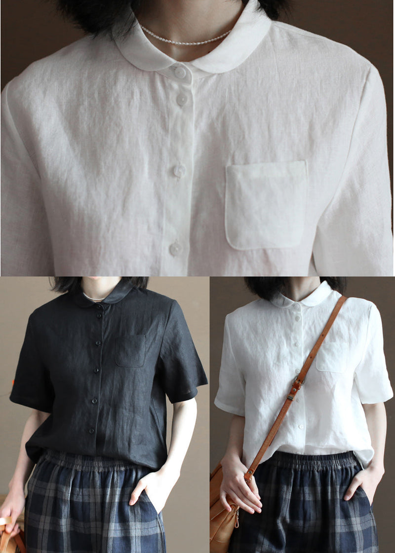 Black Pocket Linen Loose Shirt Tops Peter Pan Collar Half Sleeve