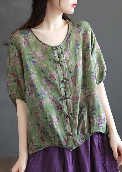 Handmade Coffee O-neck Print Button Ramie Shirts Short Sleeve
