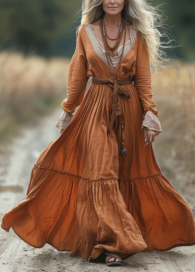 Pastoral Style V-neck Lace Patchwork Long Dress Spring