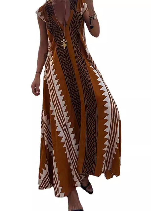 Black V Neck Print Cotton Long Dresses Summer