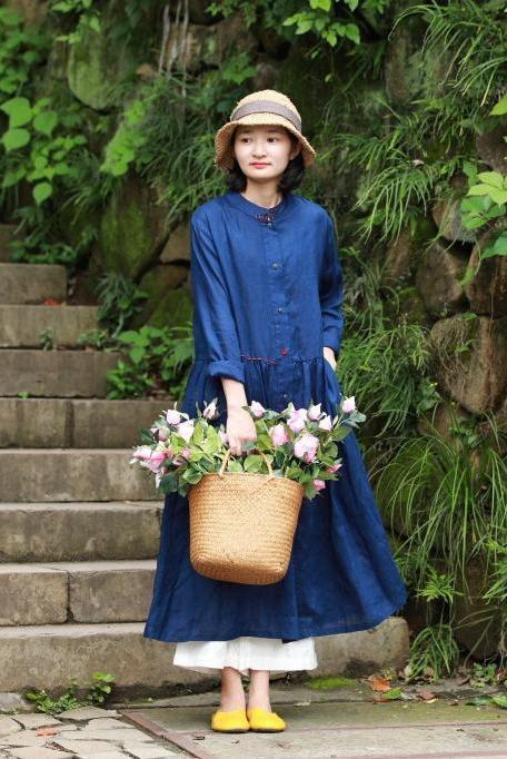 Loose Blue and Red Button Down Linen Maxi Dresses for