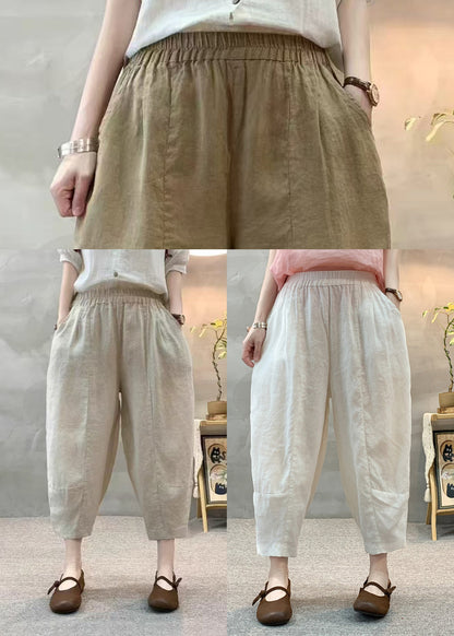 White Elastic Waist Linen Harem Pants Summer