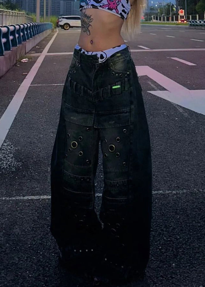 European and American Style Blue Rivet Denim Wide Leg Pants Fall