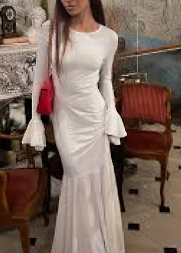 White O Neck Backless Lace Up Silk Dress Flare Sleeve