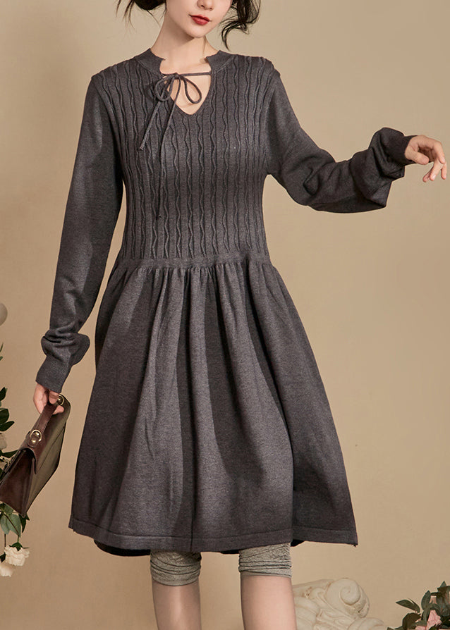 Grey Lace Up Knit Dresses Spring