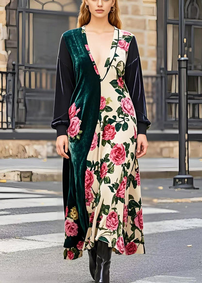 Asymmetrical Patchwork Silk Velvet Maxi Dresses Spring