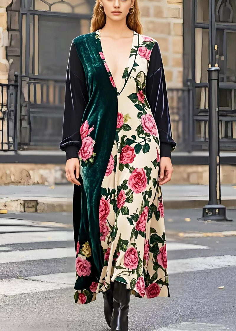 Asymmetrical Patchwork Silk Velvet Maxi Dresses Spring
