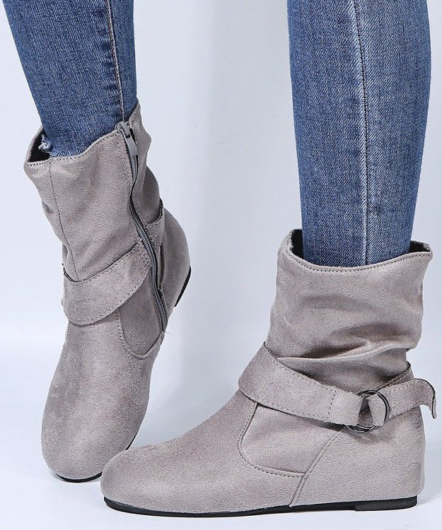 Black Suede Boots Splicing Zippered Buckle Strap