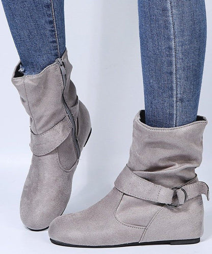 Black Suede Boots Splicing Zippered Buckle Strap