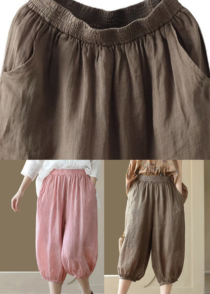 Coffee Elastic Waist Ramie Crop Pants