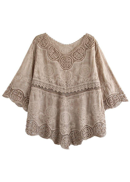 Stylish Khaki O-neck Embroidered Summer Asymmetrical Design Top