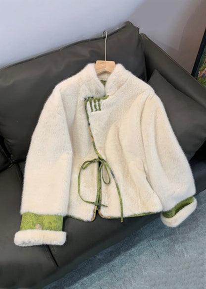 Green Patchwork Tie Waist Fuzzy Fur Fluffy Mink Velvet Coat Winter