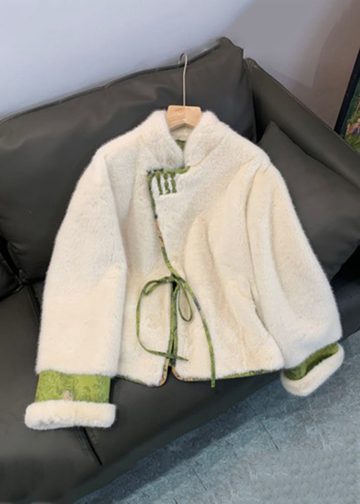 Green Patchwork Tie Waist Fuzzy Fur Fluffy Mink Velvet Coat Winter