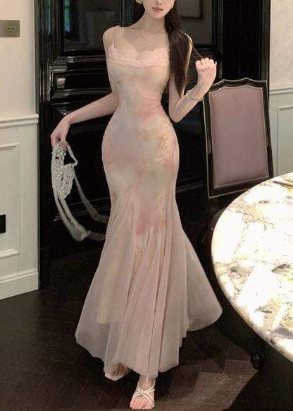 Slim Fit Pink Lace High Waist Tulle Spaghetti Strap Dress Sleeveless