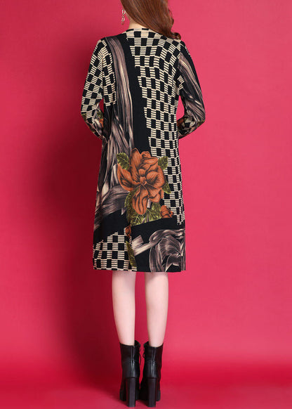 Black O-neck Print Woolen Knitwear Dress Fall