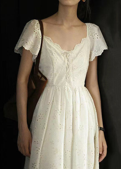 Beige Embroidered Lace Up Cotton Long Dress Summer
