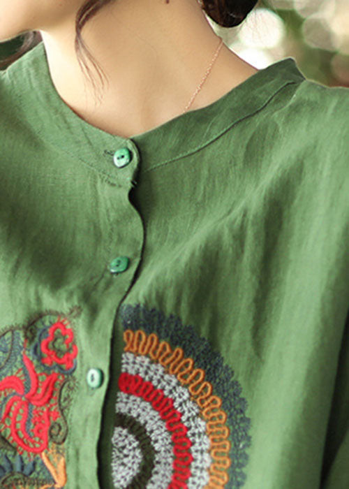 Green Embroidered Asymmetrical Design Linen Shirts Spring