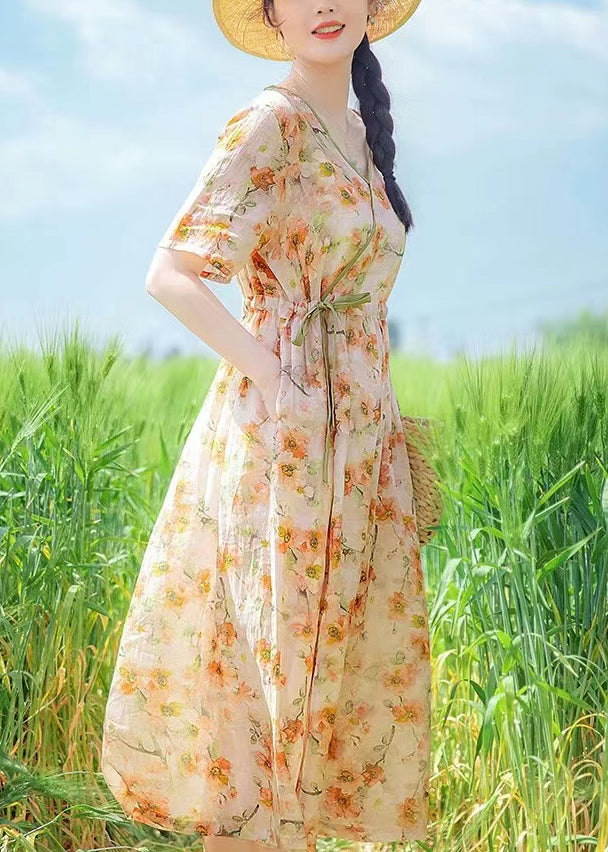 V Neck Print Drawstring Linen Dresses Summer
