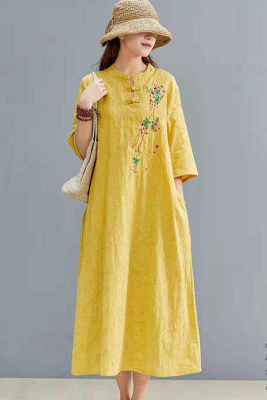 -summer Cotton Linen Embroidered Dress Button Loose Dress