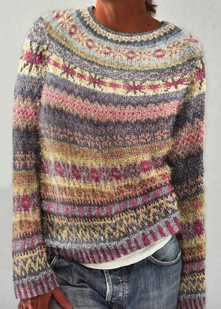 Italian Light Purple O Neck Print Knit Sweaters Fall