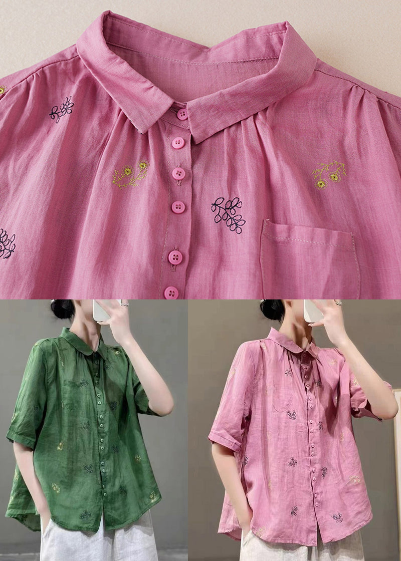 Green Peter Pan Collar Embroidered Patchwork Cotton Shirts Top Summer