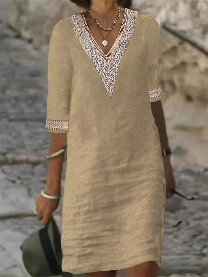 Colour V-neck Lace Trimmed Mid-sleeved Cotton and Linen Dress