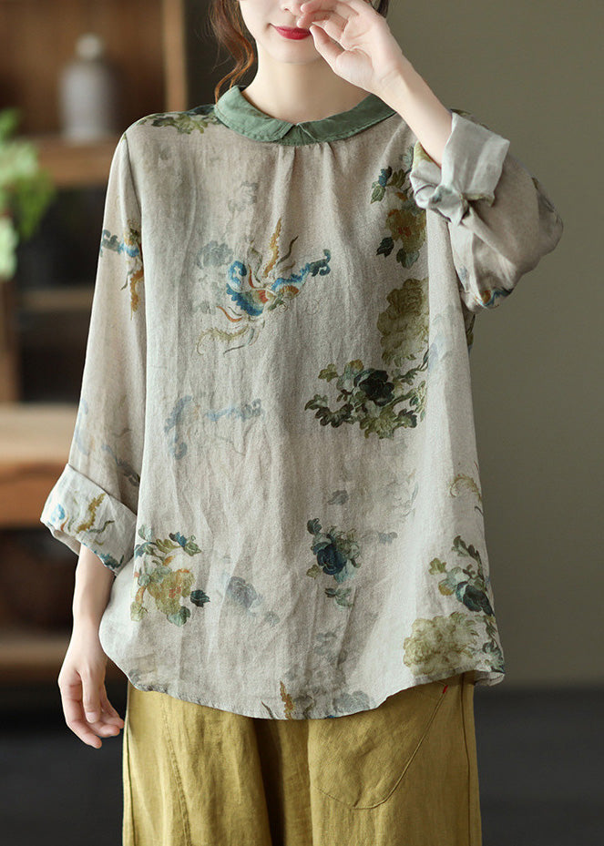 Grey Print Loose Ramie T Shirt Spring