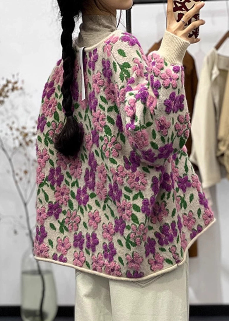 Light Purple O Neck Button Cotton Knit Coat Long Sleeve