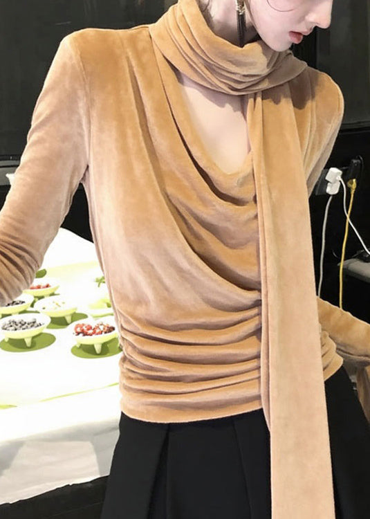 Italian Khaki Bow Silk Velour T Shirts Winter
