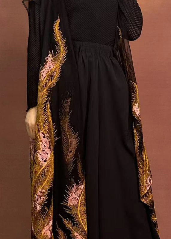 Original Design Black Embroidered Wide Leg Pants Spring