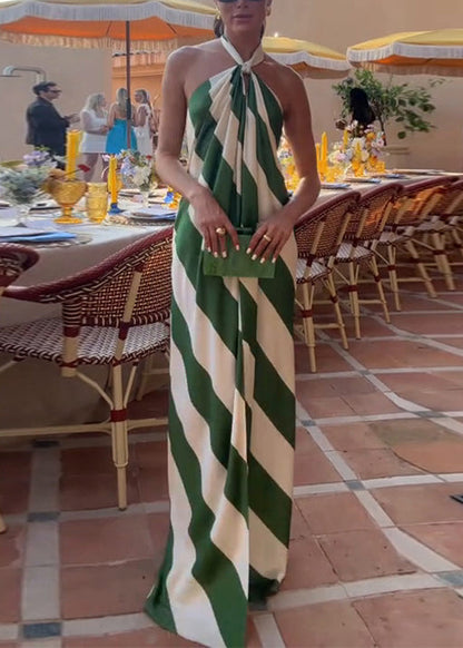 Green Backless Striped Cotton Vacation Dress Sleeveless