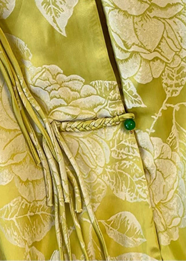 Yellow Tasseled Button Print Silk Coat Fall