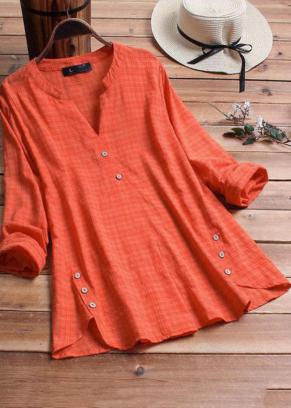 Plaid Side Button V-neck Long Sleeve Shirt Blouse