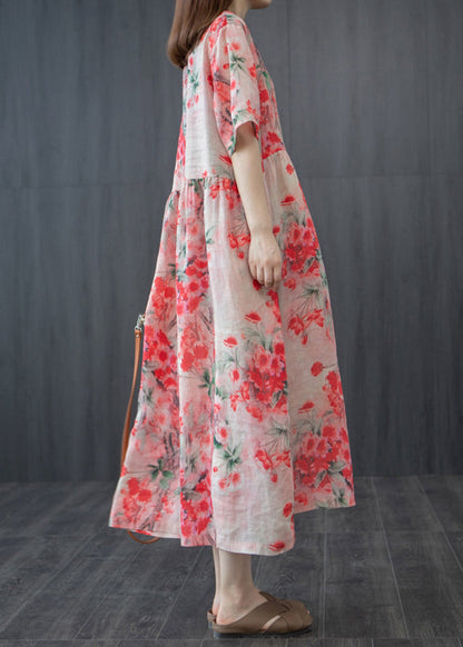 French Red Wrinkled V Neck Linen Long Dress Short Sleeve