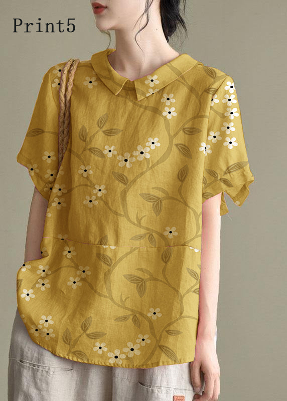 Simple Blue Bird Peter Pan Collar Patchwork Summer Linen Blouses