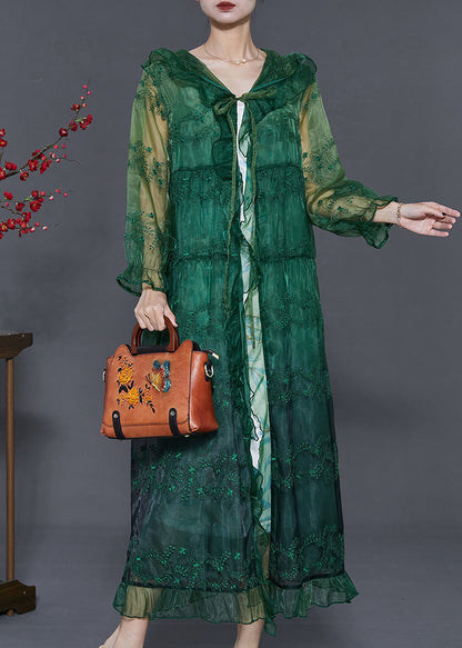 Green Organza Upf 50+ Cardigans Embroidered Ruffled Summer