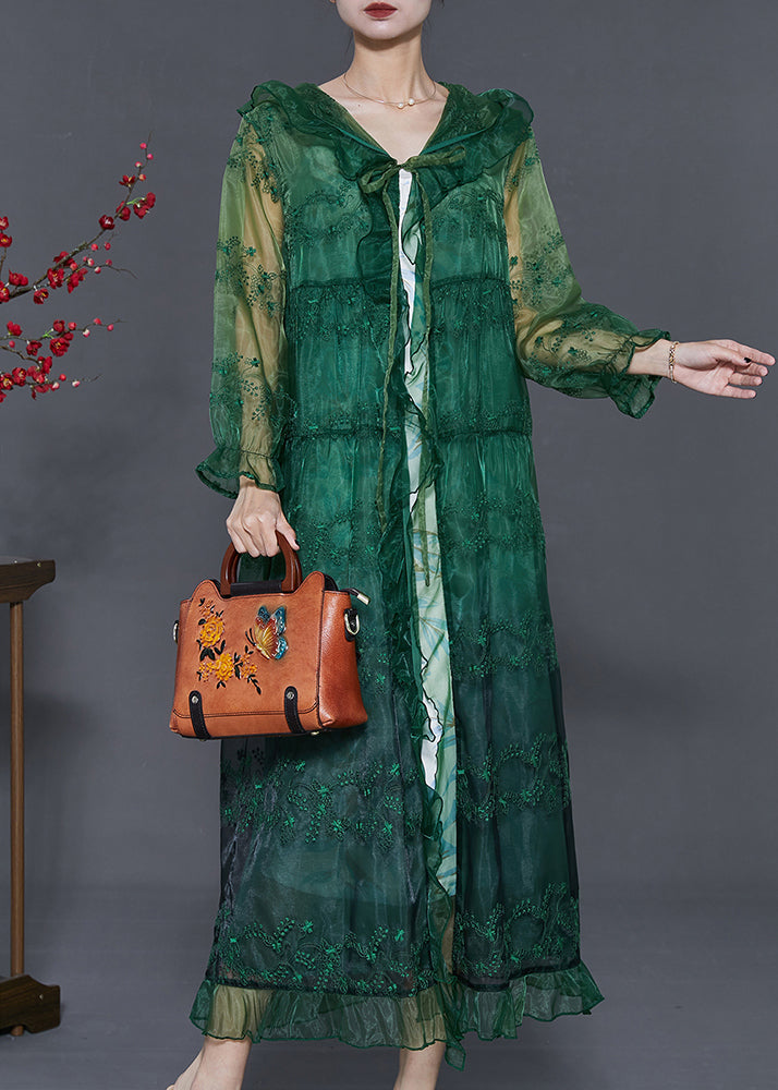 Green Organza Upf 50+ Cardigans Embroidered Ruffled Summer