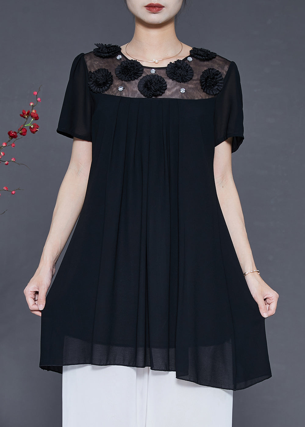 French Black Patchwork Chiffon Mini Dress Summer