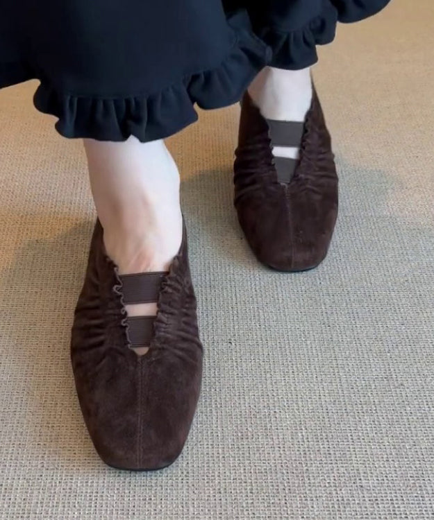 Brown Suede Wrinkled Splicing Flat Shoes for