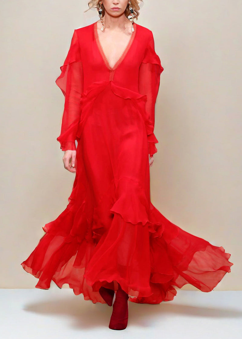 Red V Neck Ruffled Asymmetrical Patchwork Silk Dress Spring