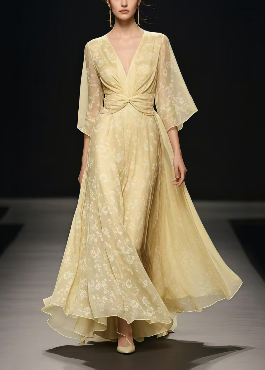 Light Yellow Cinched Exra Large Hem Chiffon Long Dress Summer