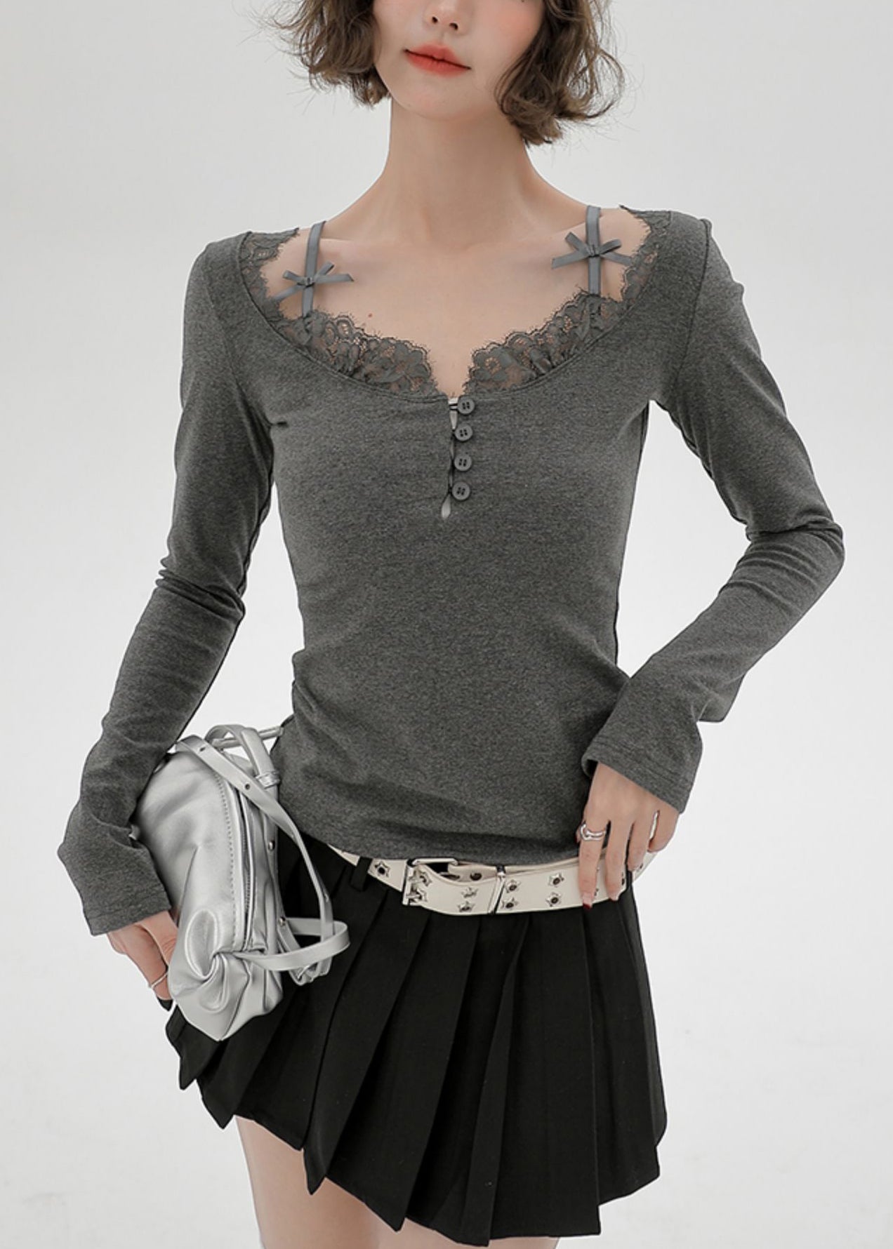 Grey U Neck Lace Patchwork Cotton Shirts Spring