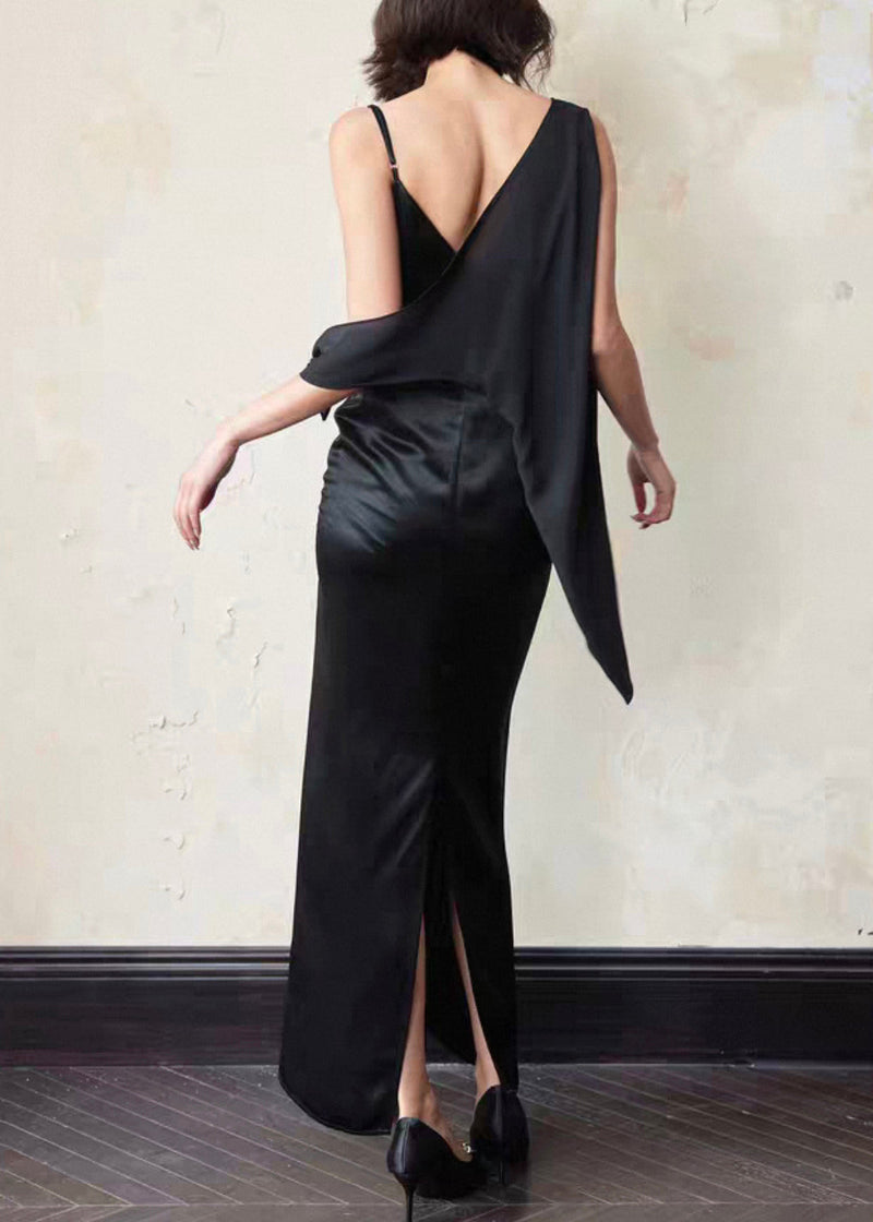 Black Asymmetrical Side Open Silk Dresses Sleeveless