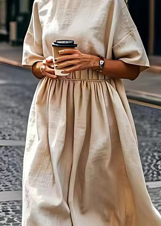 Beige O Neck Wrinkled Patchwork Linen Dress Summer