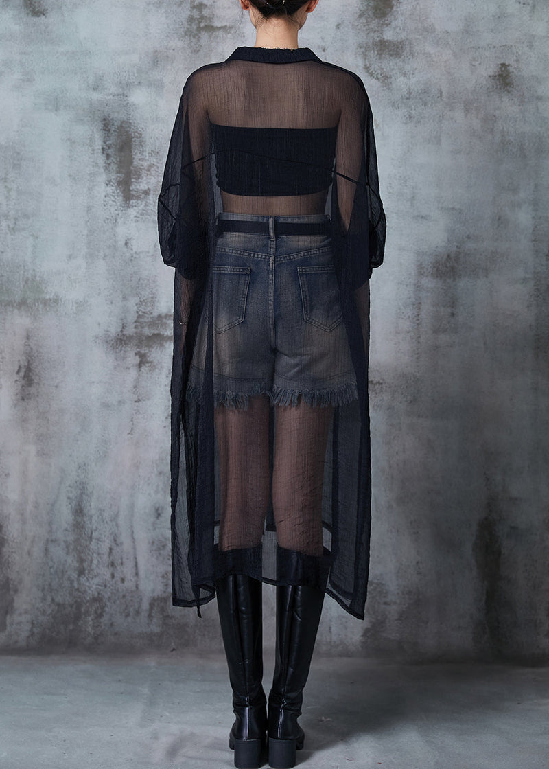 Black Oversized Hollow Out Tulle Long Cardigan Summer