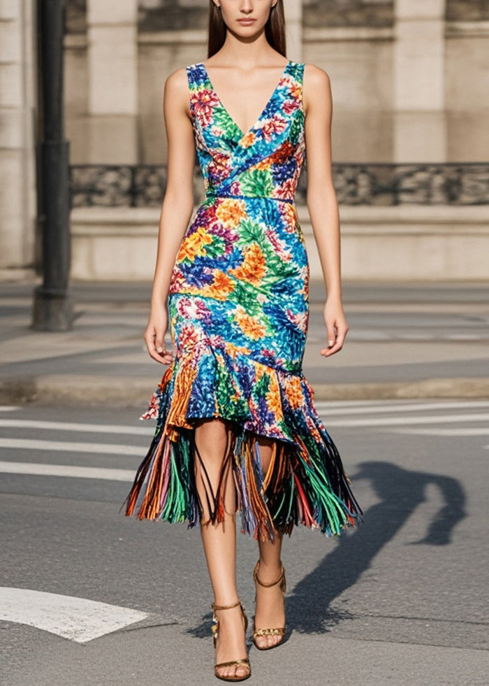 Multicolour Tasseled Print Knit Wraped Dresses Summer