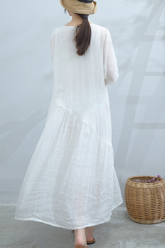 Summer Simple Puff Sleeve Dress Ramie Pleated Dress